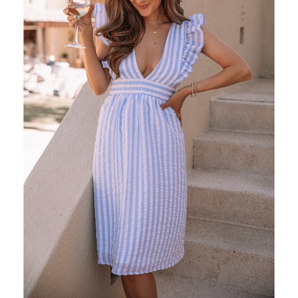 Pink Lily Dresses & Skirts - Pink Lily x Caitlin Covington Hamptons Deep V Striped Blue Midi Dress